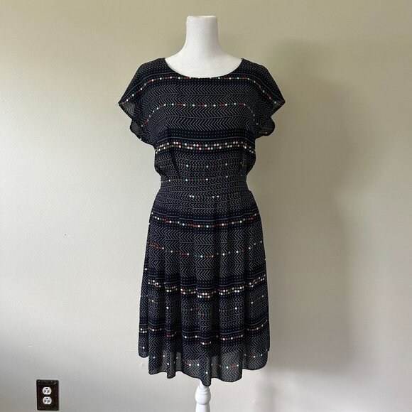 N/A Dresses & Skirts - Vintage Navy Blue Polka Dot & Chevron Pattern Dress With Cap Sleeves & Tie Back
